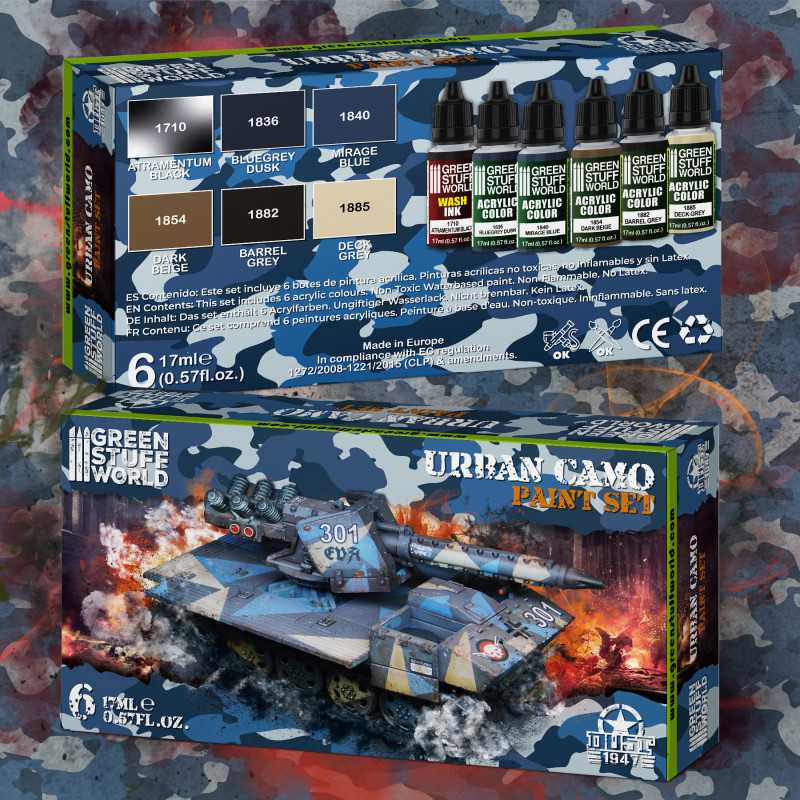 Green Stuff World Urban Camo paint set box showing bottles and painted grey camouflage tank