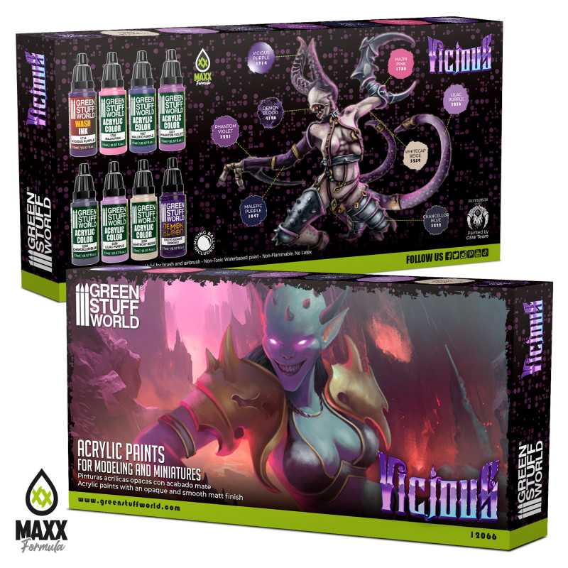Green Stuff World Vicious acrylic paint set box with painted daemon artwork