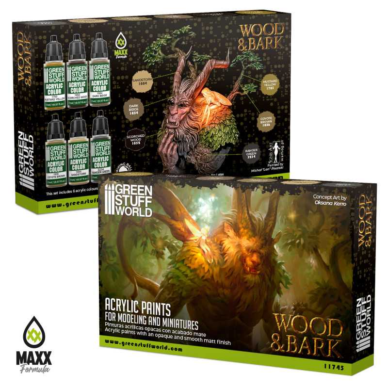 Green Stuff World Wood n Bark acrylic paint set boxes with tree spirit artwork
