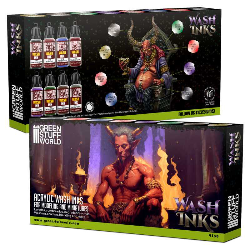 Green Stuff World Acrylic Wash Inks set box front and back with eight bottles