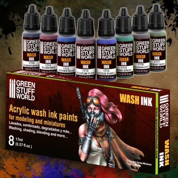 Green Stuff World Wash Ink eight-bottle set lined up above the open box