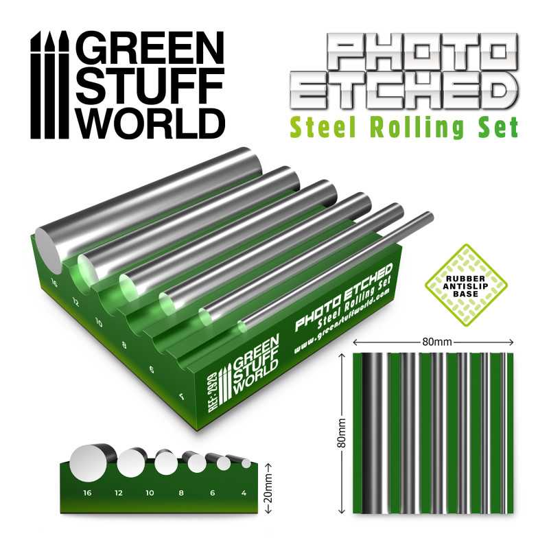 Green Stuff World Photo Etched Rolling Set: six steel rolling pins and a grooved base with sizes
