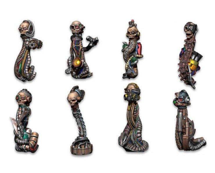 Eight Green Stuff World resin mechanical skulls painted in bronze and copper tones