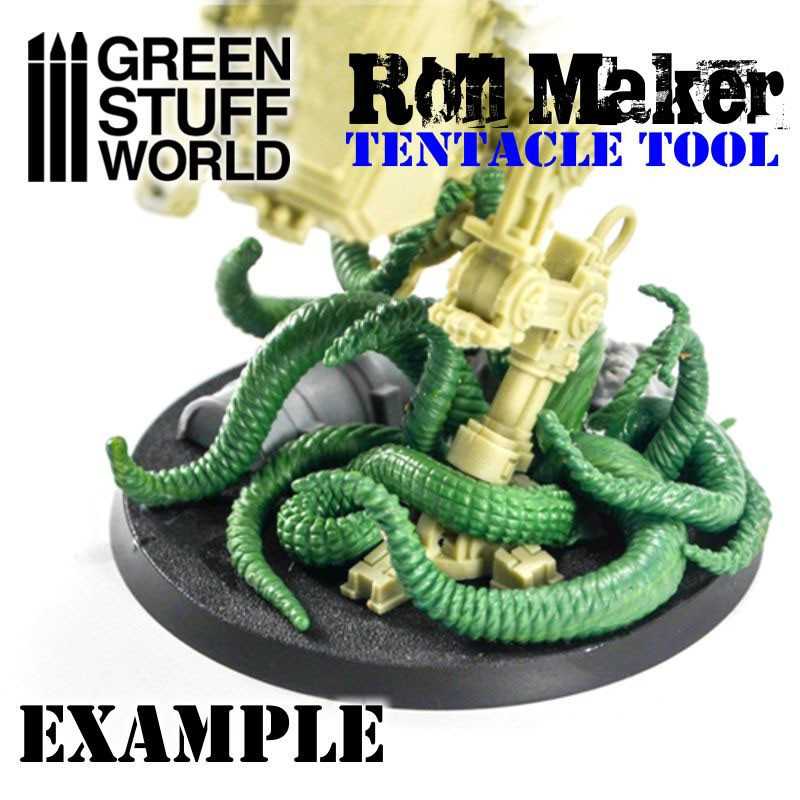 Example miniature base covered in green putty tentacles made with the Roll Maker