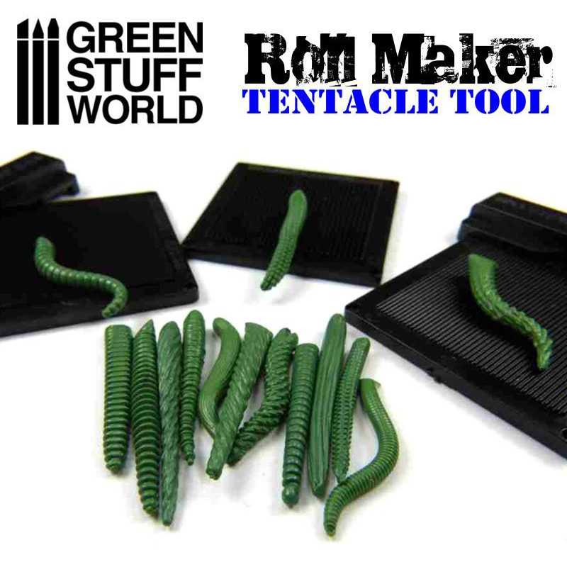 Roll Maker plates in three sizes with a batch of rolled green putty tentacles