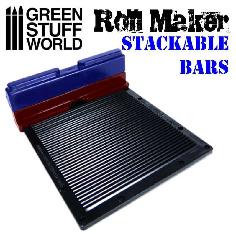 Green Stuff World Roll Maker with stackable bars fitted on its ribbed rolling plate