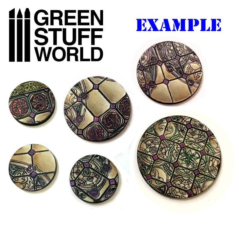 Painted example round bases textured with a Green Stuff World rolling pin in an ornate tiled pattern