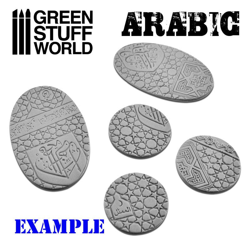 Round and oval miniature bases textured with the Green Stuff World Arabic rolling pin pattern