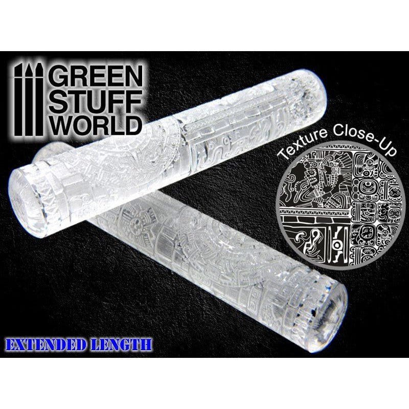 Green Stuff World Aztec texture rolling pins in clear resin with texture close-up