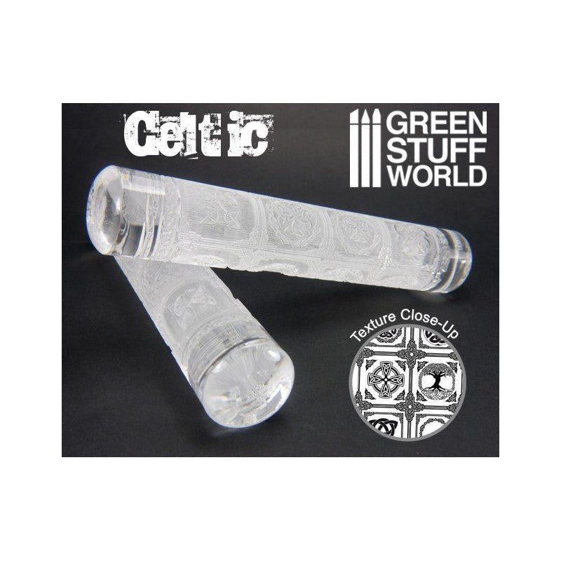 Green Stuff World clear Celtic texture rolling pin with close-up of the knot pattern