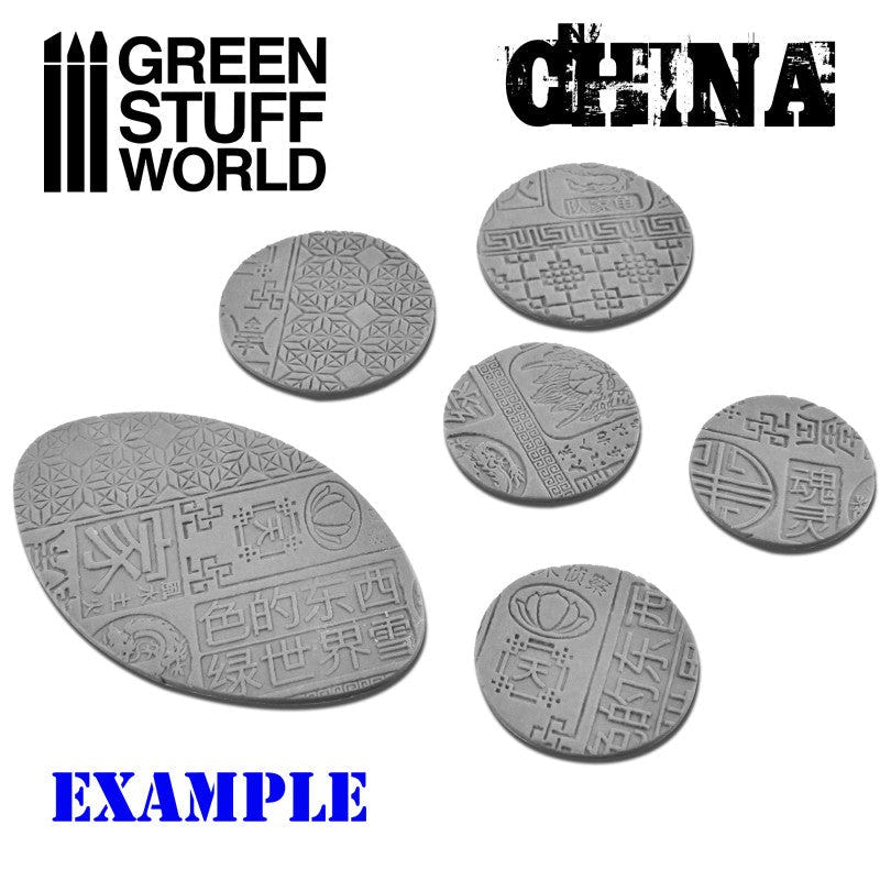 Example round and oval bases textured with the Green Stuff World Chinese rolling pin