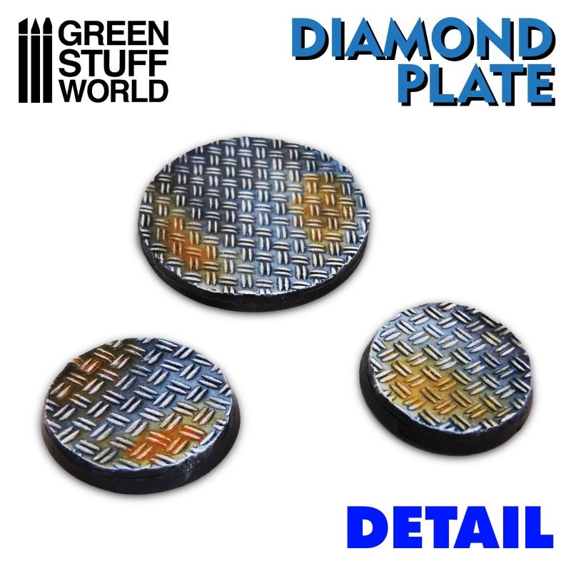 Three painted round bases textured with the Green Stuff World Diamond Plate rolling pin, rusted metal finish