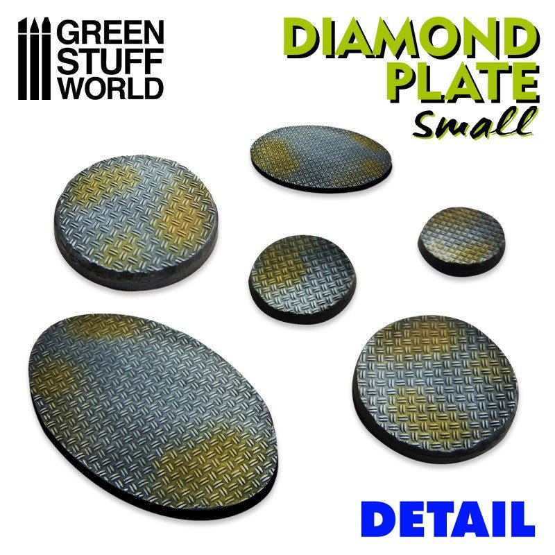 Painted round and oval bases textured with the Green Stuff World Diamond Plate Small rolling pin