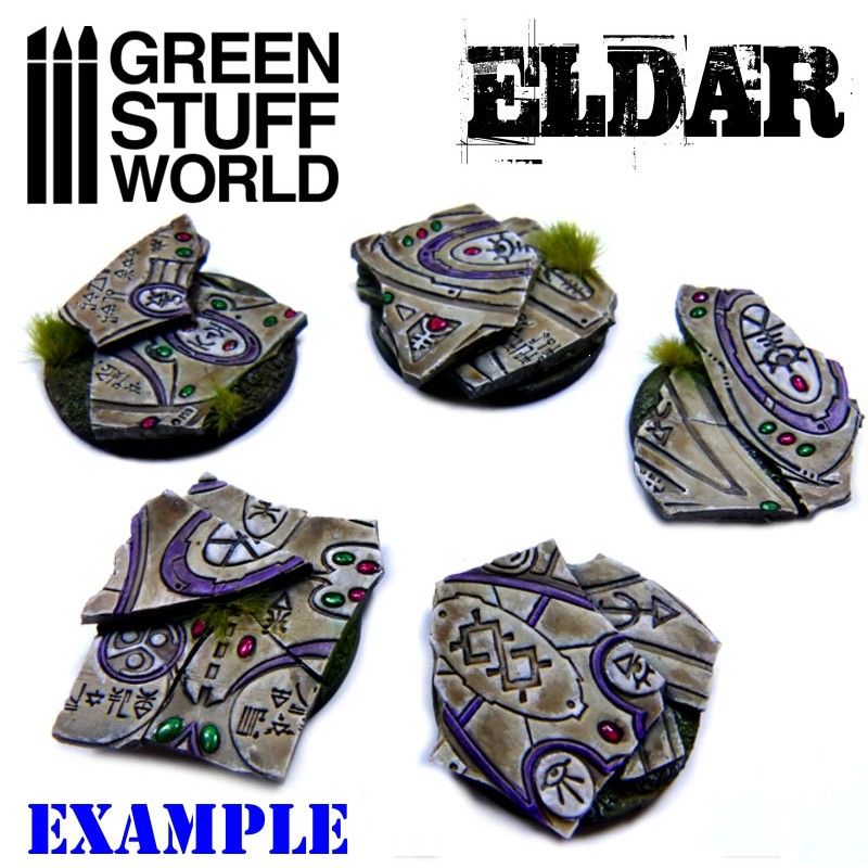 Painted miniature bases textured with the Green Stuff World Eldar rolling pin