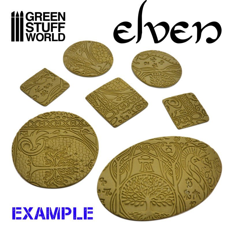Bases textured with the Green Stuff World Elven rolling pin, showing its flowing elven patterns