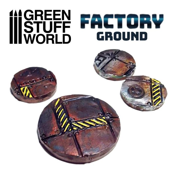 Painted miniature bases textured with the Green Stuff World Factory Ground rolling pin