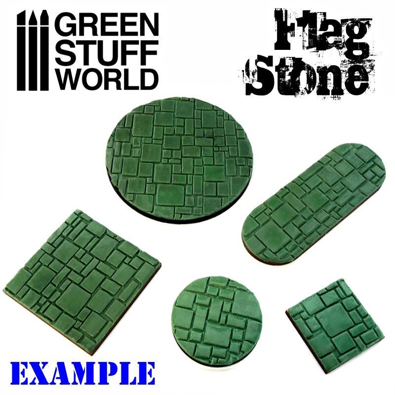 Green Stuff World Flagstone rolling pin example, flagstone texture on green putty bases