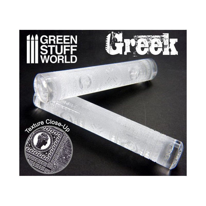 Green Stuff World Greek clear rolling pin with a textured base close-up
