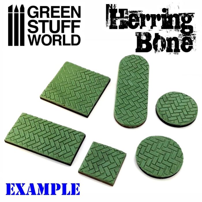 Example bases textured with the Green Stuff World Herringbone rolling pin paving pattern