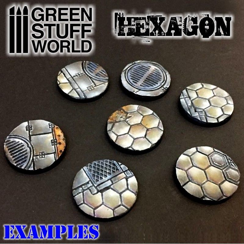 Painted round bases textured with the Green Stuff World Hexagons rolling pin