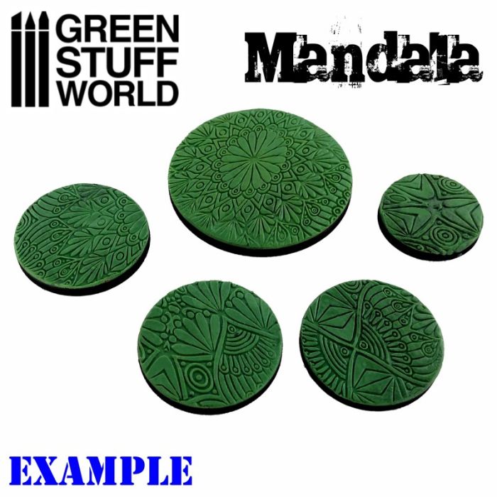 Example green putty bases textured with the Green Stuff World Mandala rolling pin pattern