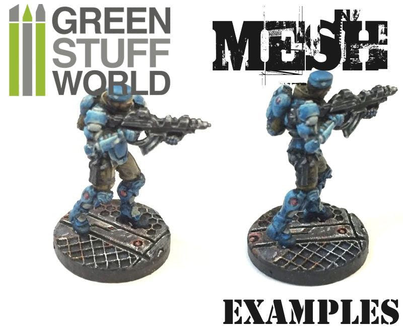 Painted sci-fi miniatures on bases textured with the Green Stuff World Mesh rolling pin