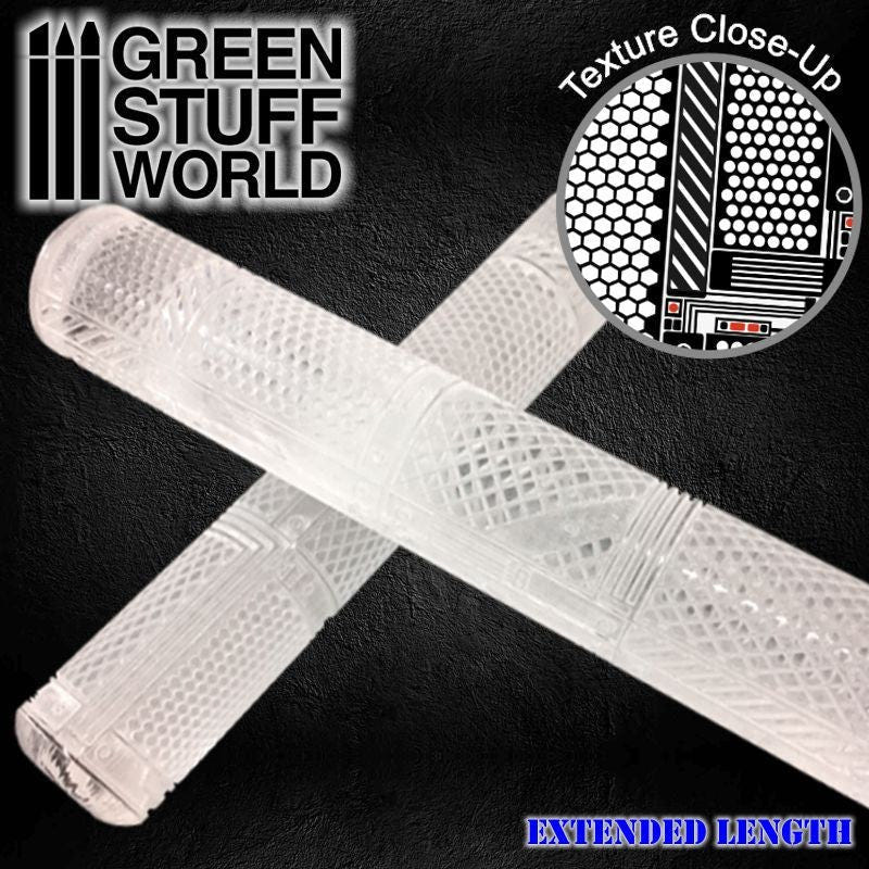 Green Stuff World Mesh clear texture rolling pins with a close-up of the grating pattern