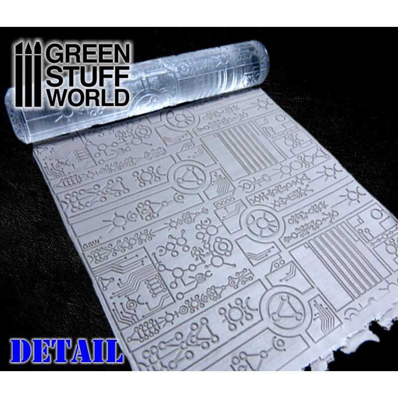 Green Stuff World Necronic rolling pin pressing its circuitry pattern into grey putty