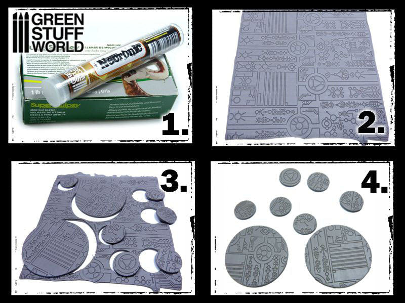 Four steps using the Necronic rolling pin: packaging, rolled putty sheet, cut-out bases, finished bases