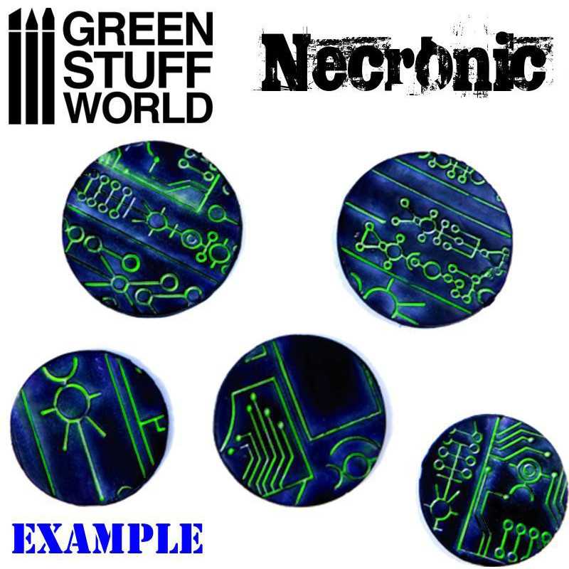 Painted round bases textured with the Green Stuff World Necronic rolling pin, glowing green circuits