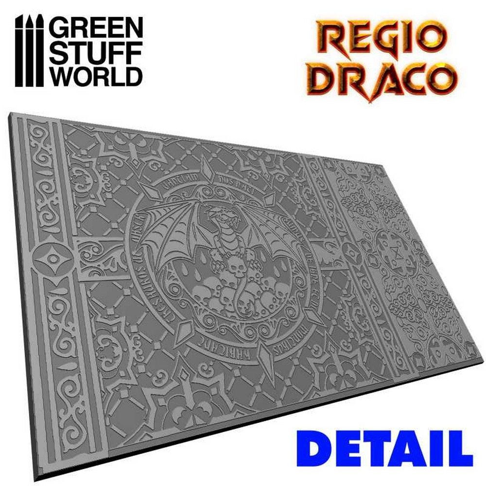 Green Stuff World Regio Draco texture detail: ornate tiled panel with a dragon on skulls in a runic circle