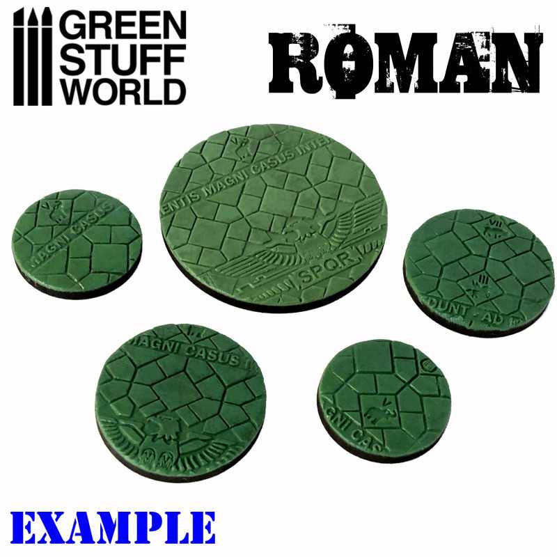 Round bases textured with Green Stuff World Roman paving and painted green