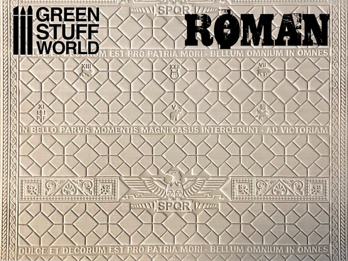 Green Stuff World Roman texture close-up with Latin inscriptions and eagle emblem
