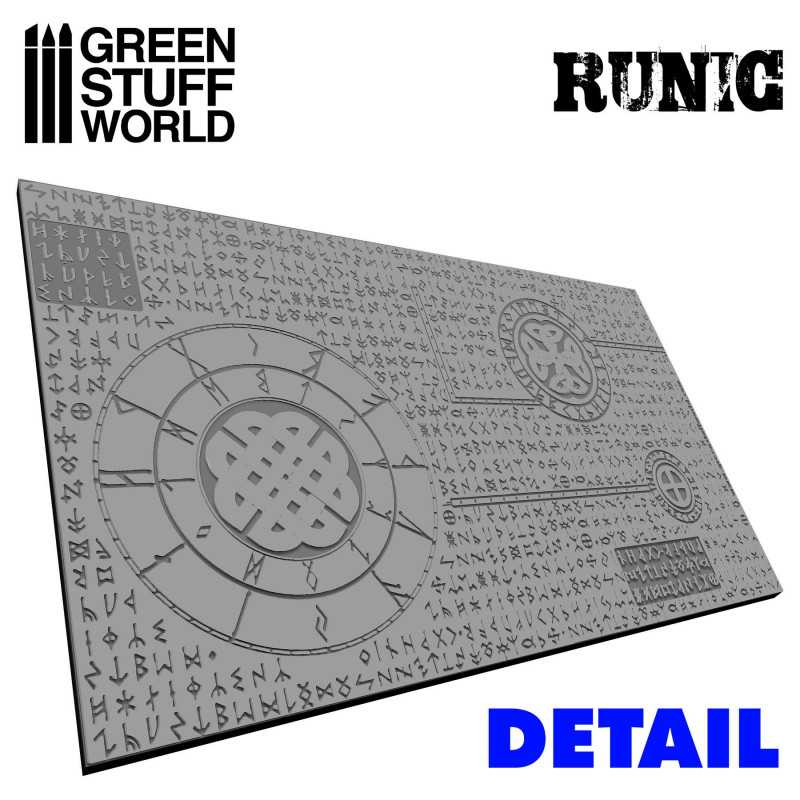 Detail view of the Green Stuff World Runic rolling pin pattern with knotwork circle and rows of runes