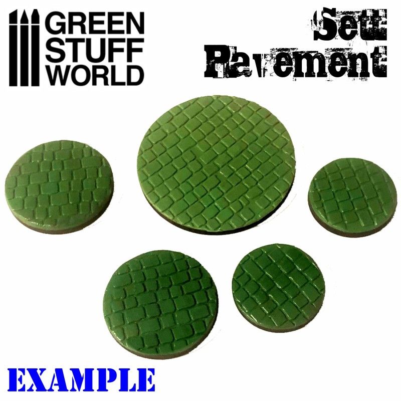 Green Stuff World Sett Pavement rolling pin example, cobbled texture on green putty bases