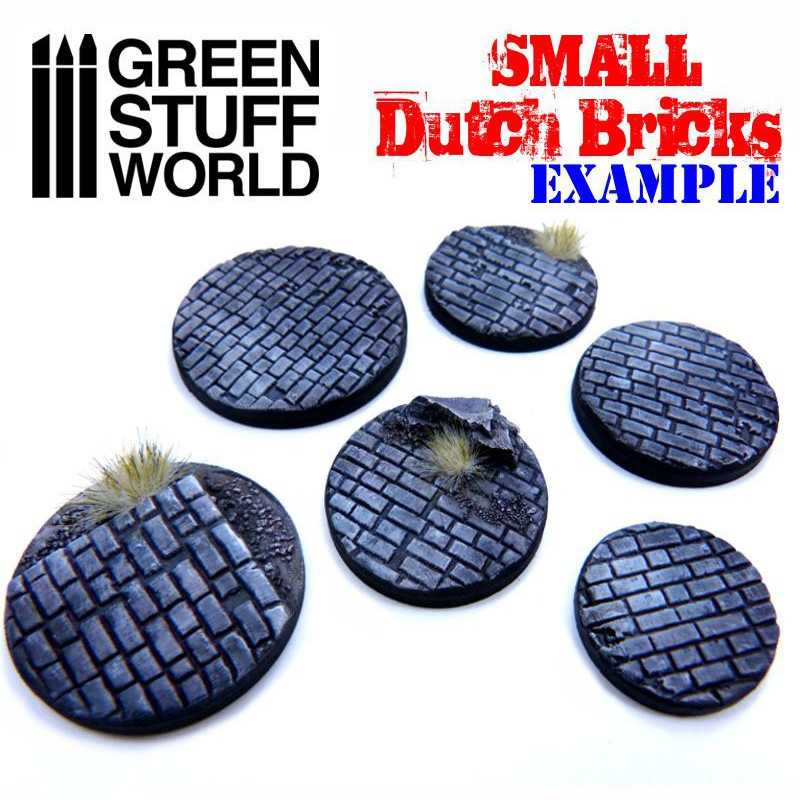 Example round bases textured with Green Stuff World Small Dutch Bricks and painted blue-grey