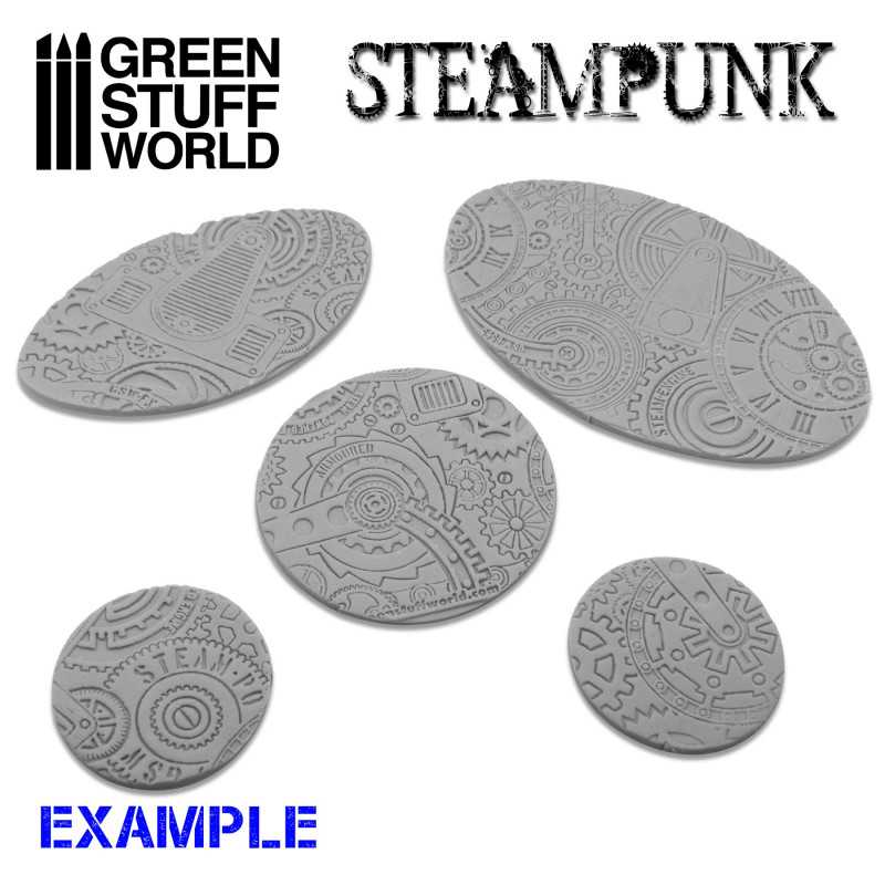 Green Stuff World Steampunk rolling pin example, round and oval bases pressed with gear patterns