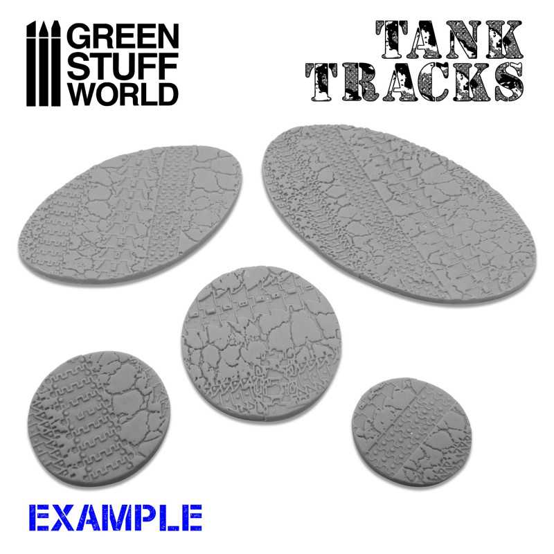 Green Stuff World Tank Tracks rolling pin example, bases pressed with cracked ground and track ruts
