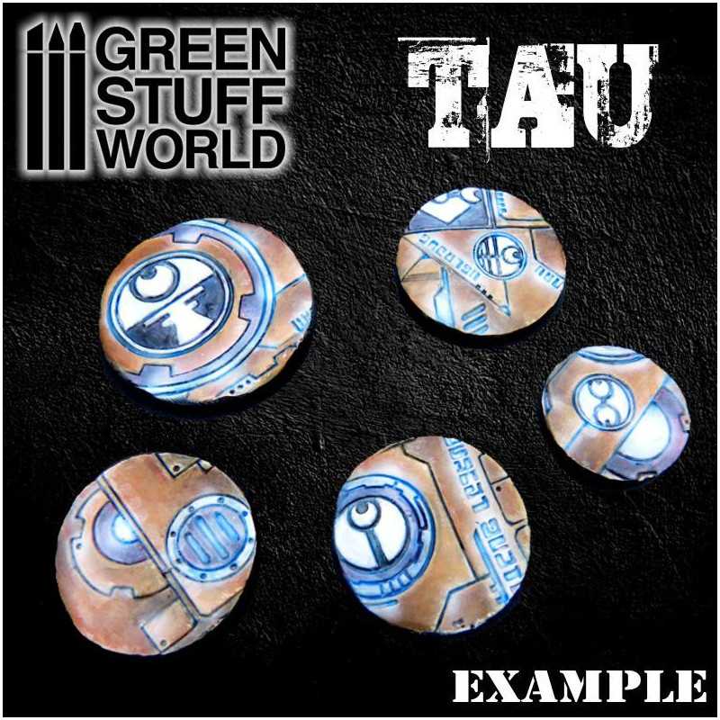 Round bases textured with the Green Stuff World TAU rolling pin, painted blue and orange