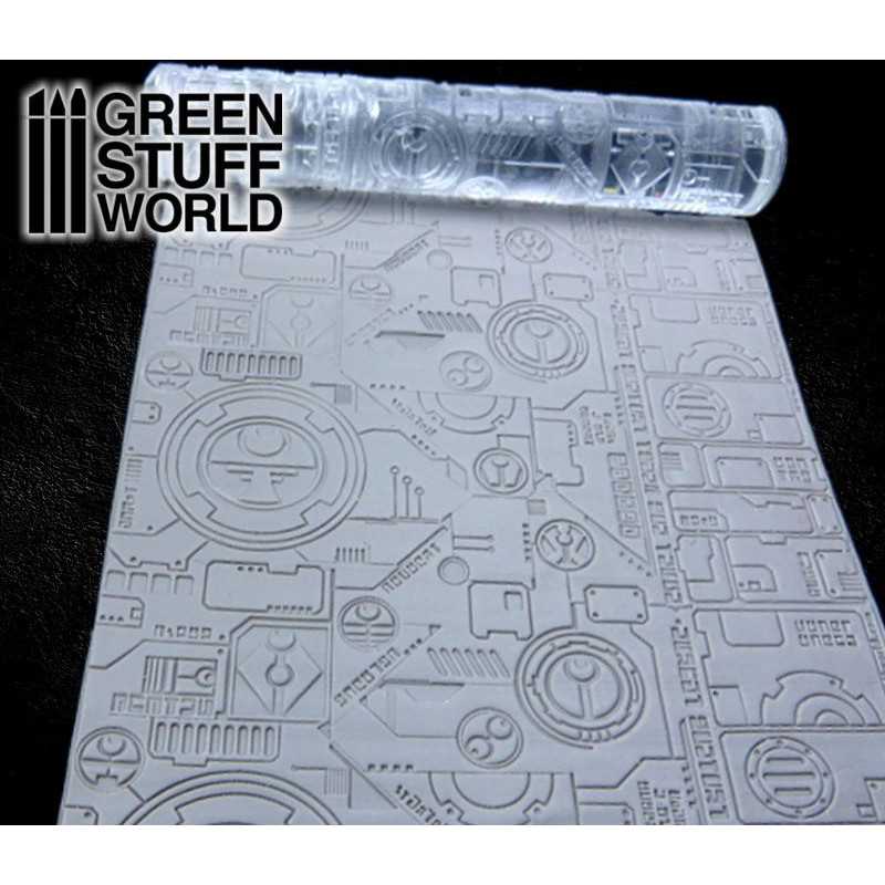 Clear Green Stuff World TAU rolling pin pressing a sci-fi panel pattern into modelling putty