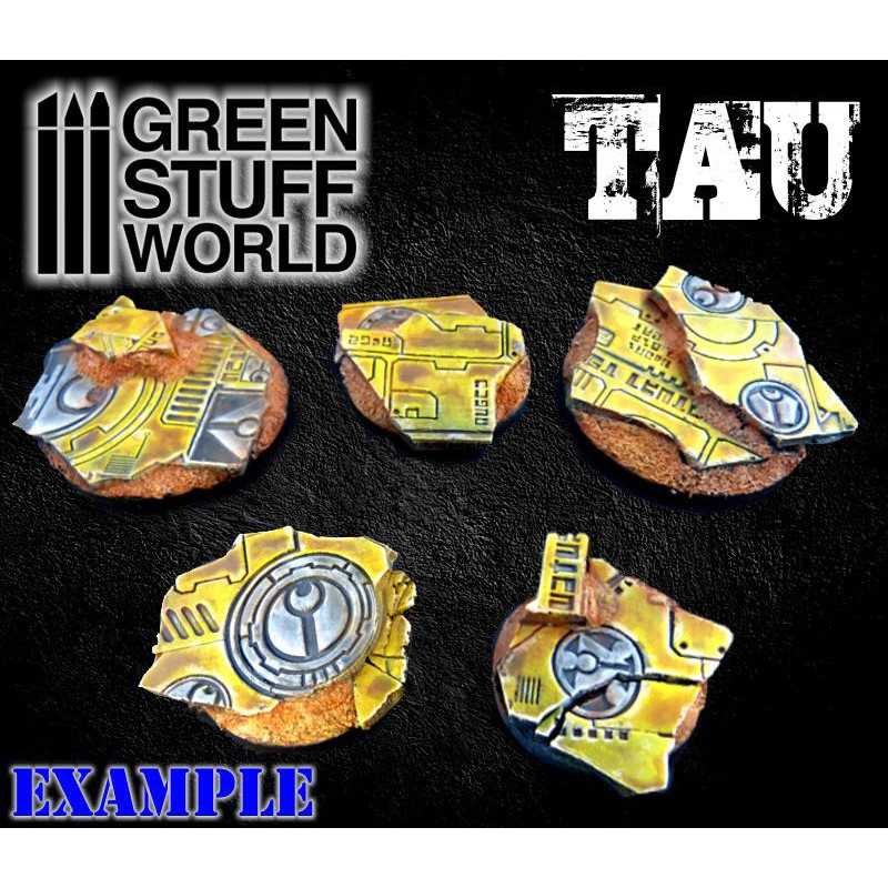 Example bases made with the Green Stuff World TAU rolling pin, painted yellow with rubble