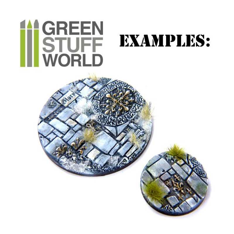 Painted round bases textured with Green Stuff World Temple stonework, grass tufts and snow