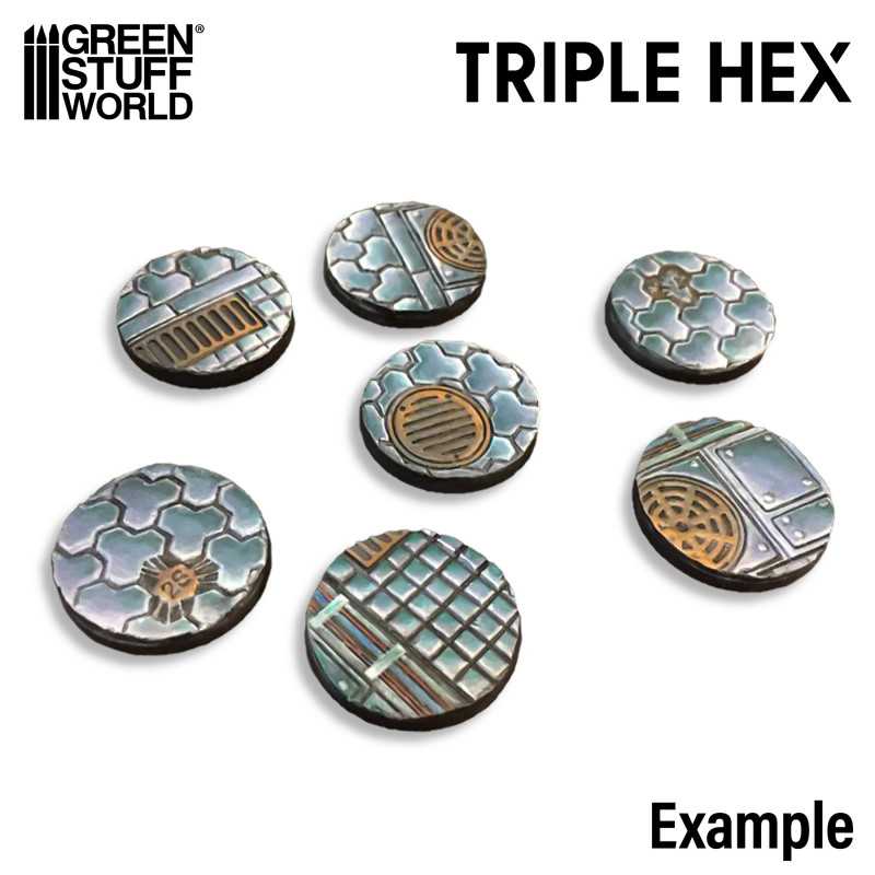 Example painted bases textured with the Green Stuff World TripleHex rolling pin