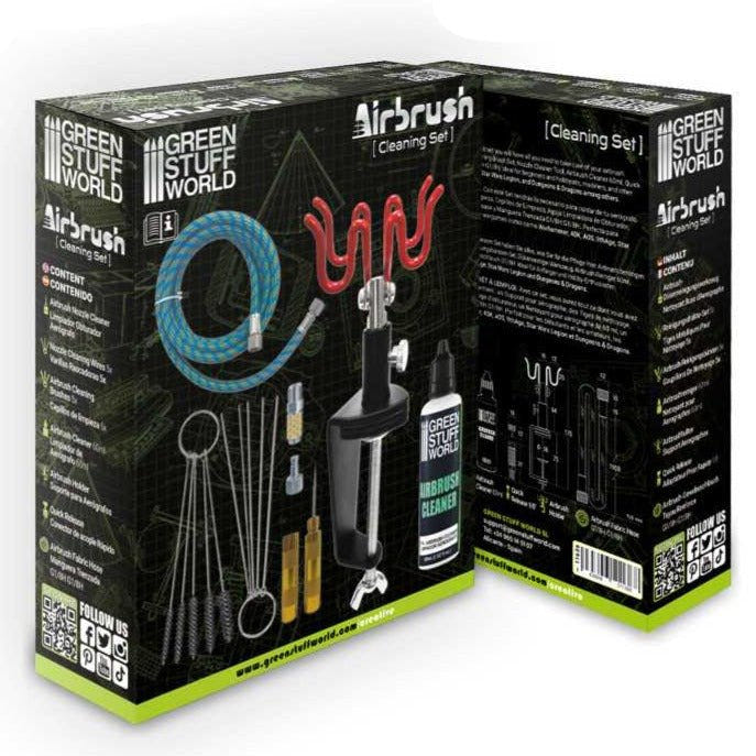 Green Stuff World Airbrush Cleaning Set box showing the hose, holder, brushes and cleaner