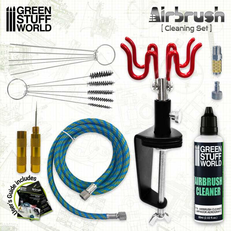 Green Stuff World Airbrush Cleaning Set: 60ml cleaner, cleaning wires and brushes, hose and clamp holder