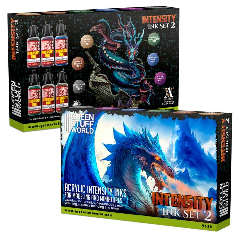 Green Stuff World Intensity Ink Set 2 box with dragon artwork, front and back of pack