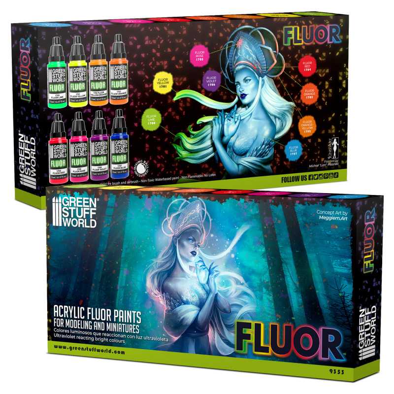 Green Stuff World Acrylic Fluor Paints box, front and back