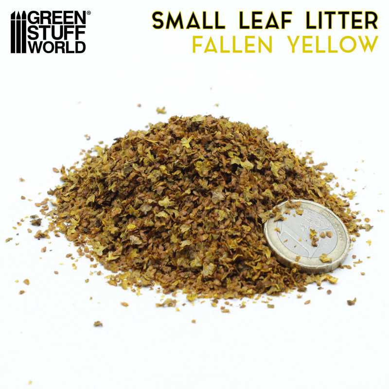 Pile of Green Stuff World Fallen Yellow leaf litter next to a coin for scale
