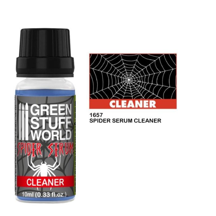Green Stuff World Spider Serum Cleaner 10ml dropper bottle next to a spider web label