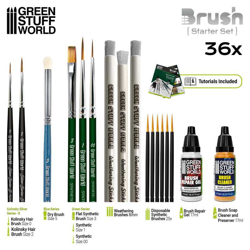 Green Stuff World Brush Starter Set contents: Kolinsky, synthetic, dry and weathering brushes, gel and soap